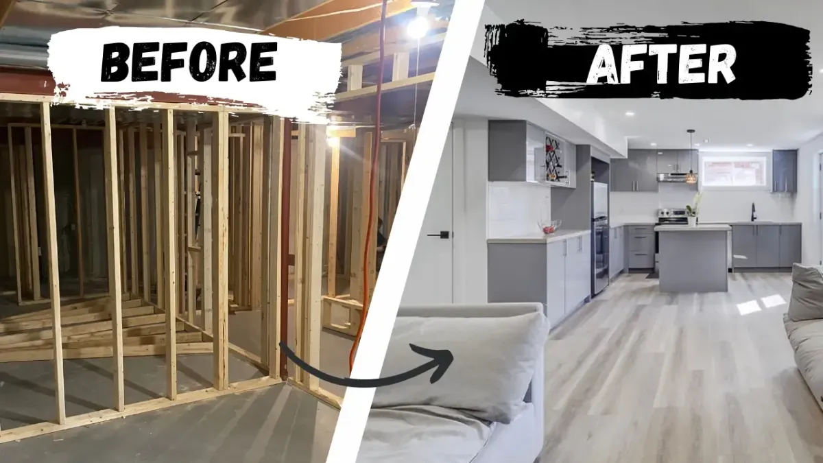 Before and after of a Redwood Construction basement remodel