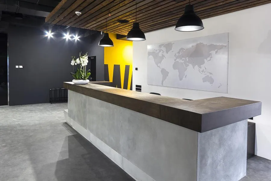 Finished commercial interior with a custom reception desk